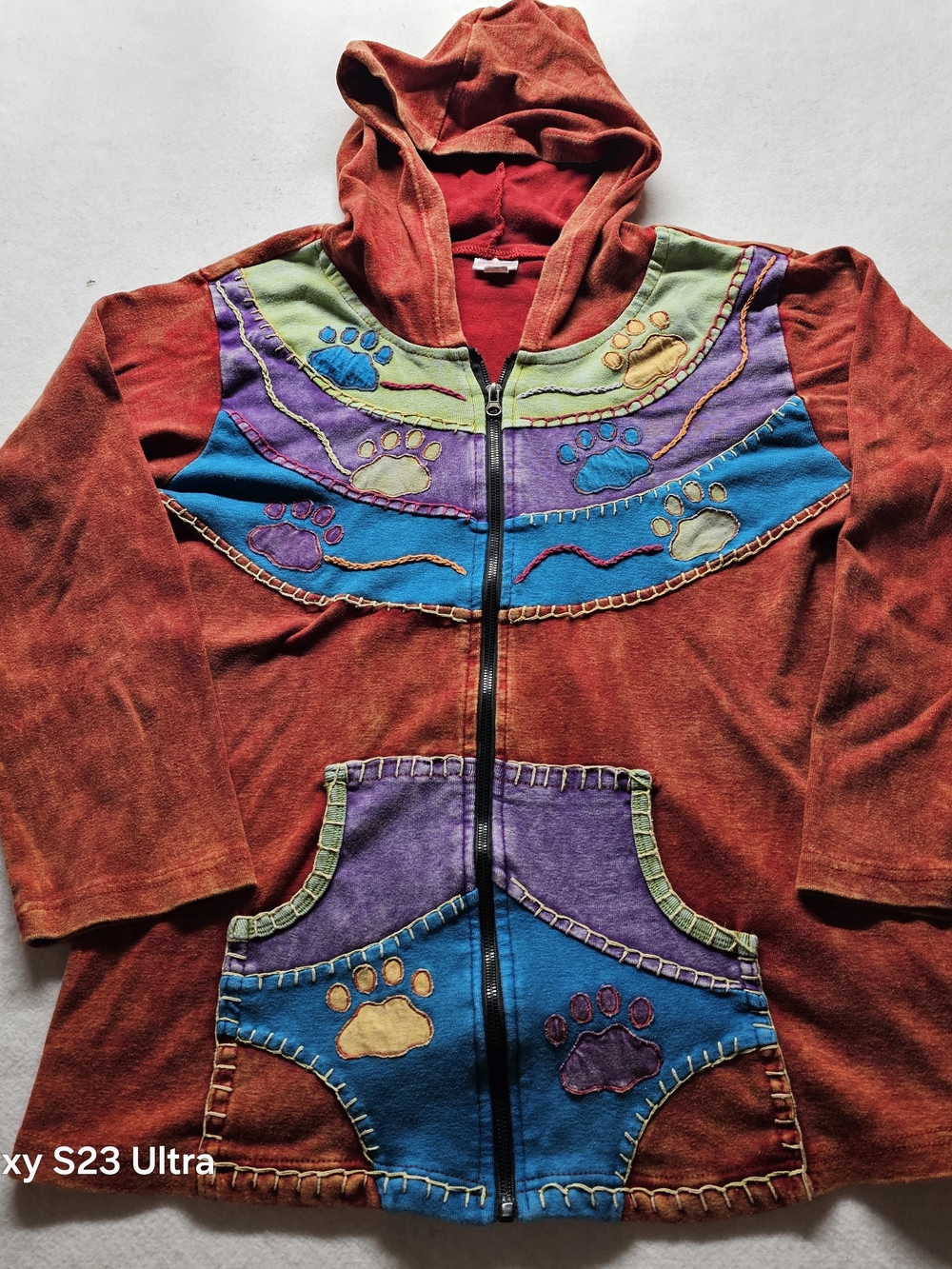 WomensBoho/hippi Red Hooded Patchwork Jacket with Paw Accents